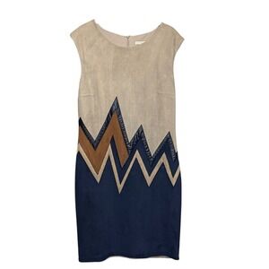 Ice Cube Women Tan Navy Brown Chevron Faux Suede Colorblock Shift Dress EU 42